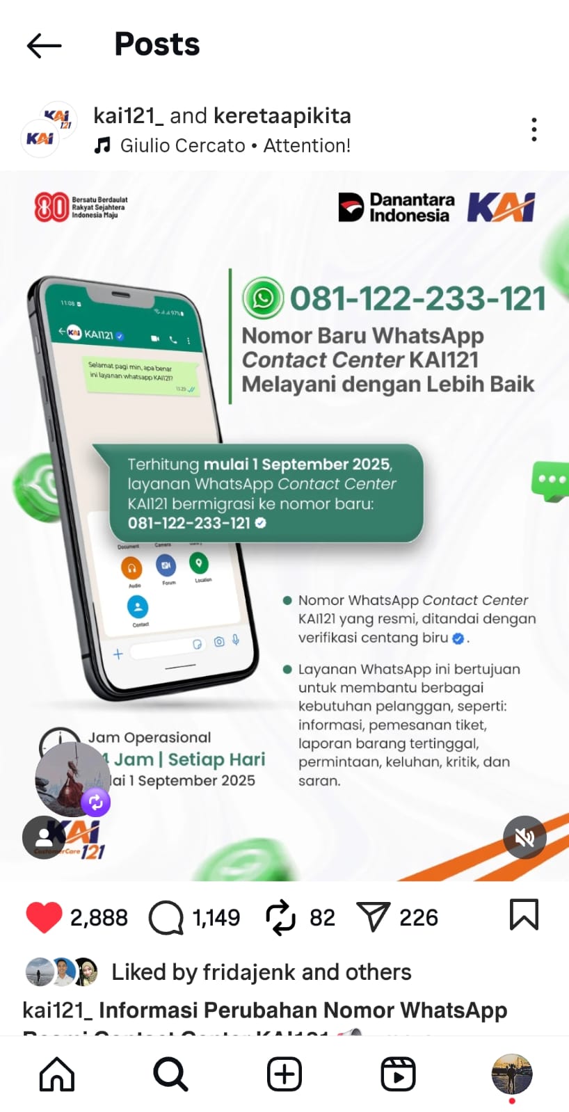 KAI Daop 7 Madiun Informasikan Kembali Perubahan Layanan Nomor WhatsApp Contact Center KAI121