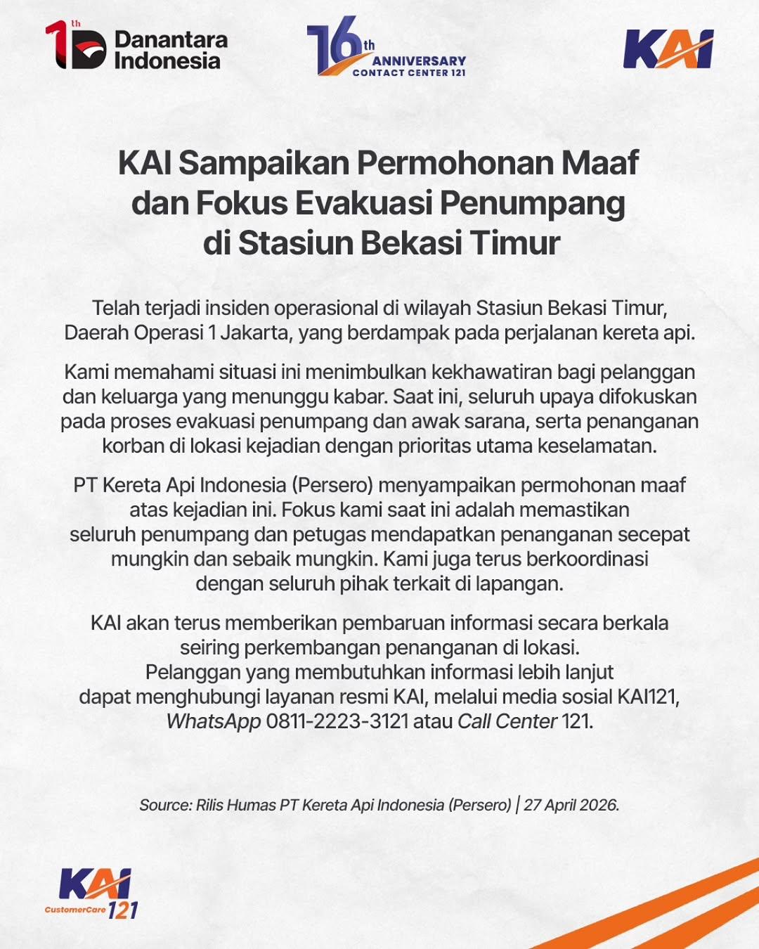 KAI Daop 7 Sampaikan Duka Mendalam atas Insiden di Stasiun Bekasi Timur Wilayah Daop 1 Jakarta, 2 KAJJ Keberangkatan Daop 7 Madiun Dibatalkan