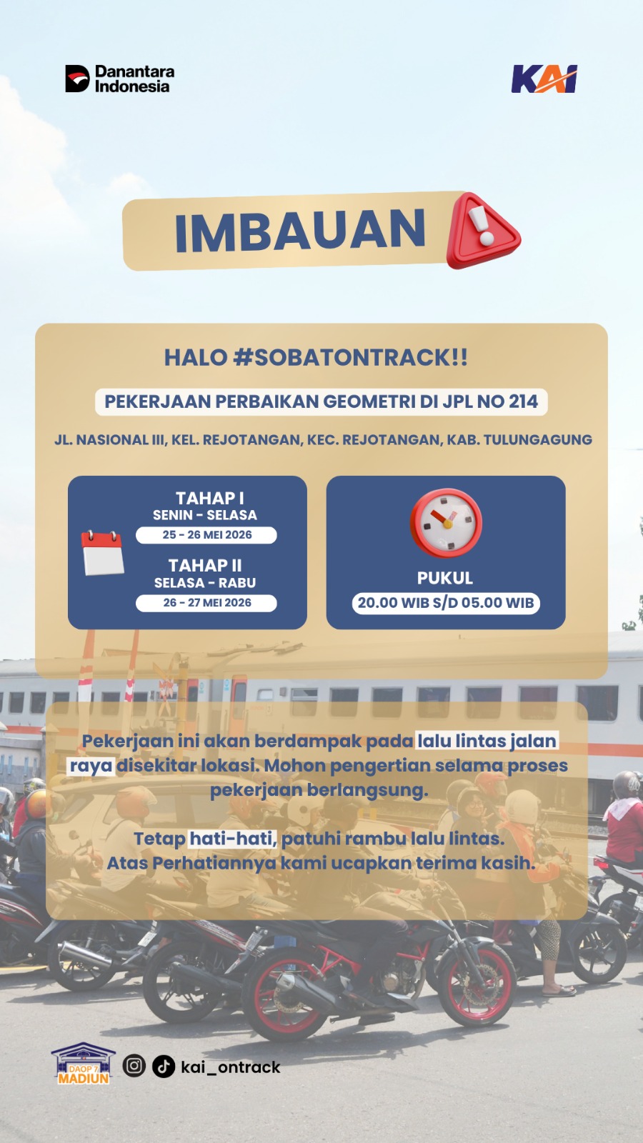 Perbaikan Geometri Perlintasan Rejotangan Tulungagung Telah Dimulai, Pengguna Jalan Dihimbau Cari Rute Alternatif