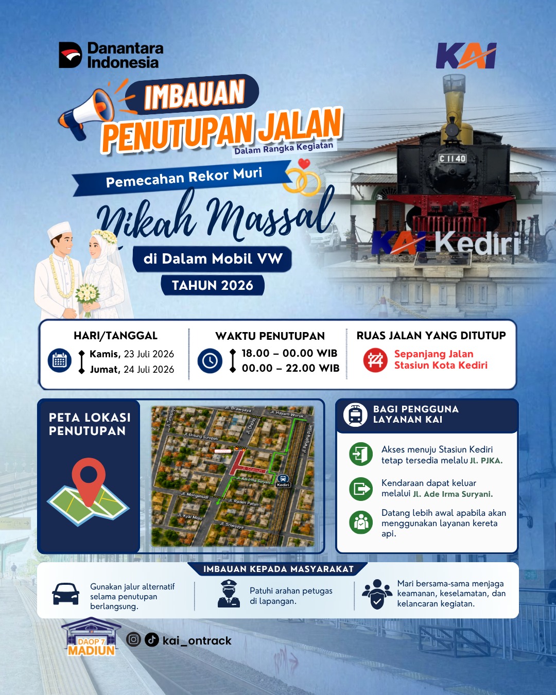 Ada Event Pemecahan Rekor MURI Nikah Masal di Mobil VW, KAI Daop 7 Imbau Penumpang Datang Lebih Awal di Stasiun Kediri