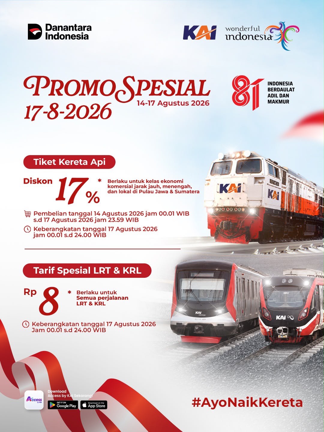 Semarak HUT ke-81 Kemerdekaan RI, KAI Daop 7 Madiun Hadirkan Diskon Tiket 17% Untuk KA Ekonomi Komersial