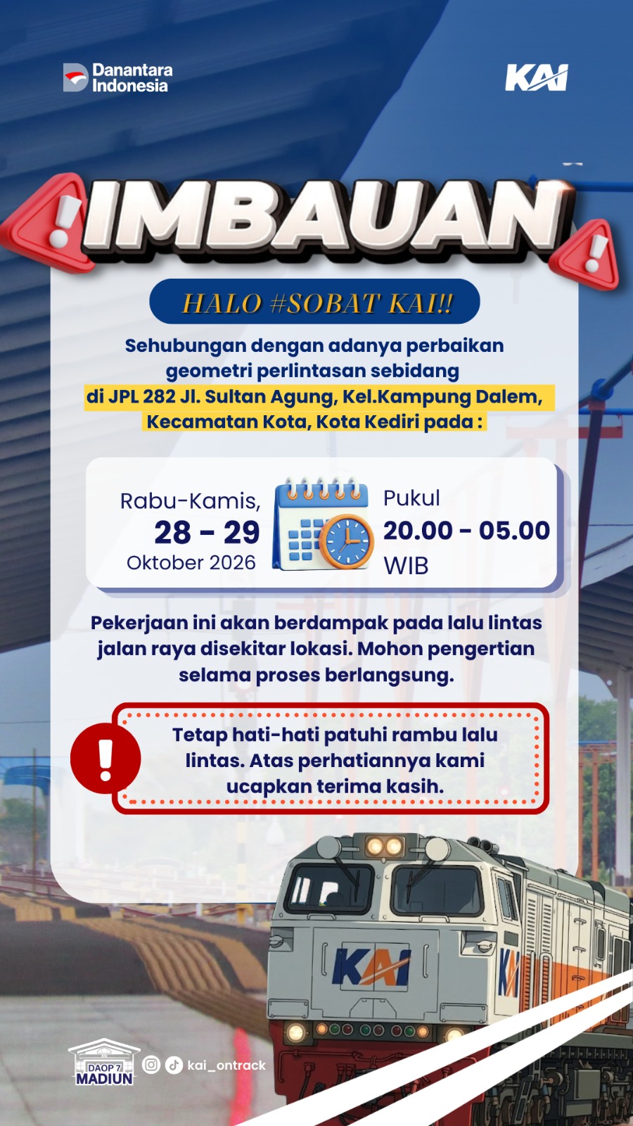 KAI Daop 7 Madiun Lakukan Perbaikan Geometri di Empat Perlintasan Sebidang, Pengguna Jalan Dihimbau Mengantisipasi Perjalanan